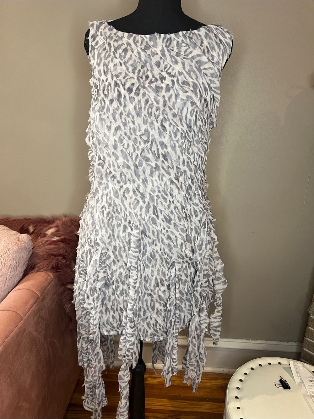 ASOS Design Sleeveless Grey & White Animal Print Fringe Dress